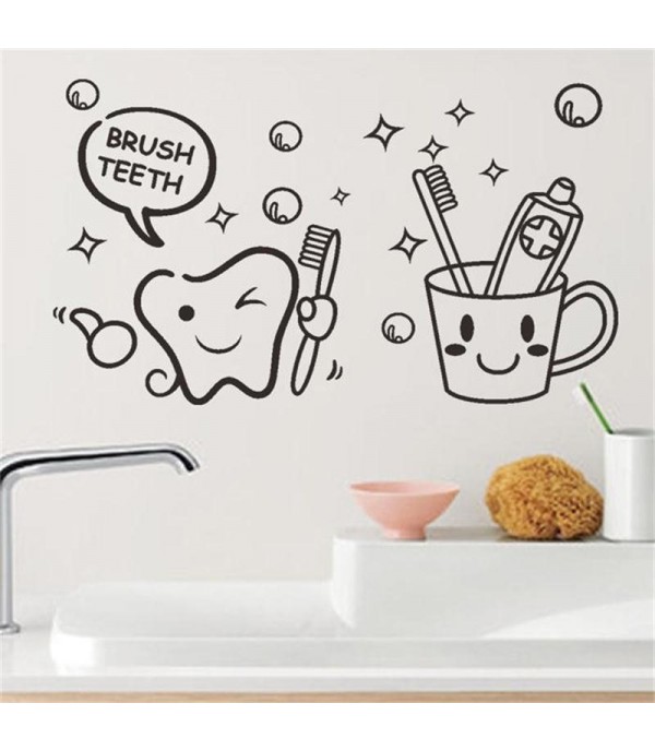 1Pc Wall Sticker Teeth Brush Cup Pattern Bathroom Creative Wall Decor