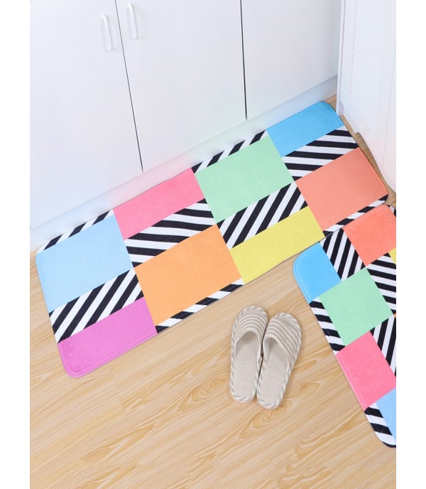 1Pc Flannel Floor Mat Color Block Absorbent Anti-Slip Bathroom Foot Pad Bedroom Carpet