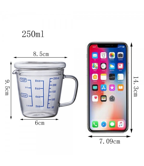 250ml Heat-resisting Glass Measuring Cup Multi-function Milk Tea Cup with Lid